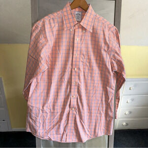 Brooks Brothers 346 Men’s Button Up Dress Shirt Orange‎ Blue Checkered Cotton